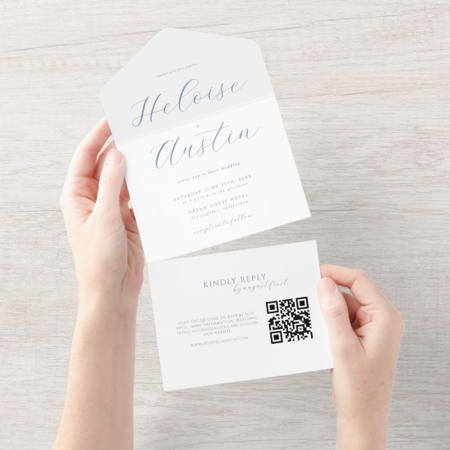 Dusty Blue Minimalist QR Code All in one invite (Tearaway)