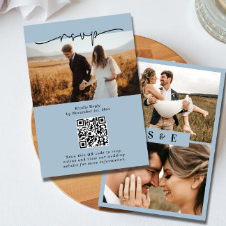 Dusty Blue Minimalist QR code Photo Wedding RSVP Card