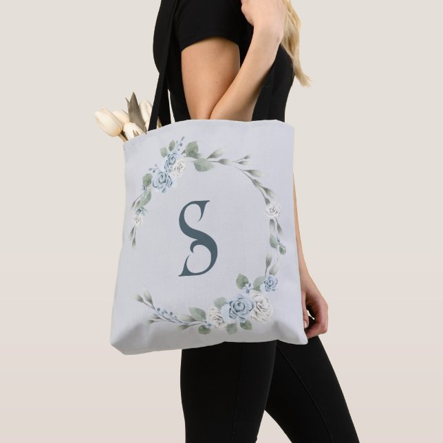 Dusty Blue Minimalist Script Initial Monogram  Tote Bag (Close Up)
