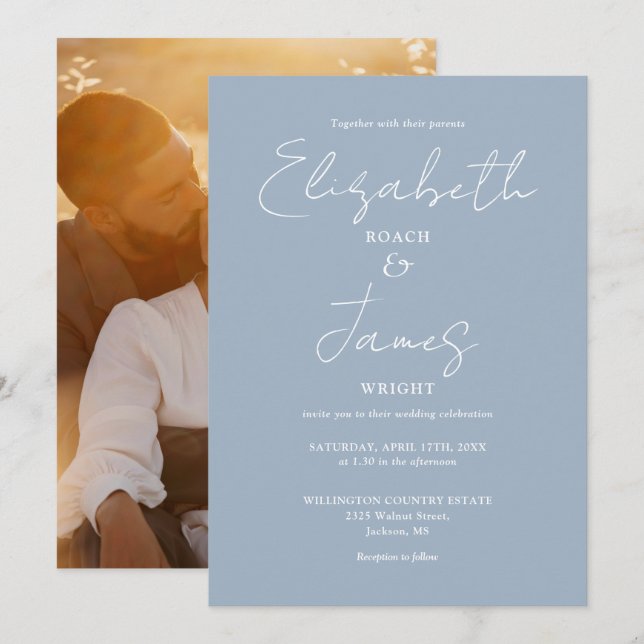 Dusty Blue Minimalist Script Photo Wedding Invitation (Front/Back)