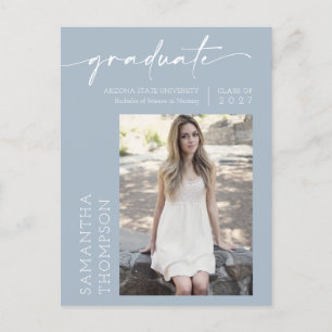 Dusty Blue Minimalist Script Two Photo Graduation Postcard