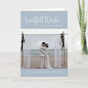 Dusty Blue Minimalist Script Wedding Photo Folded Thank You Card