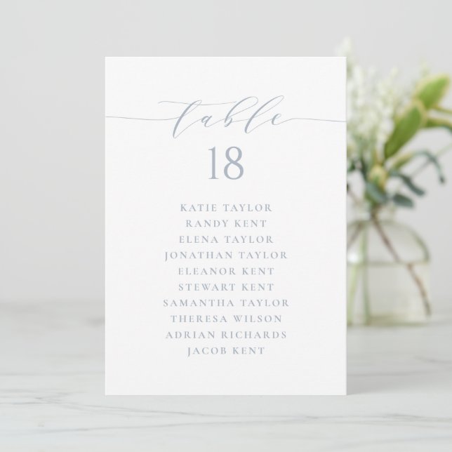 Dusty Blue Minimalist Script Wedding Table Seating Invitation (Standing Front)