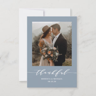 Dusty Blue Minimalist Thankful Script Wedding Thank You Card