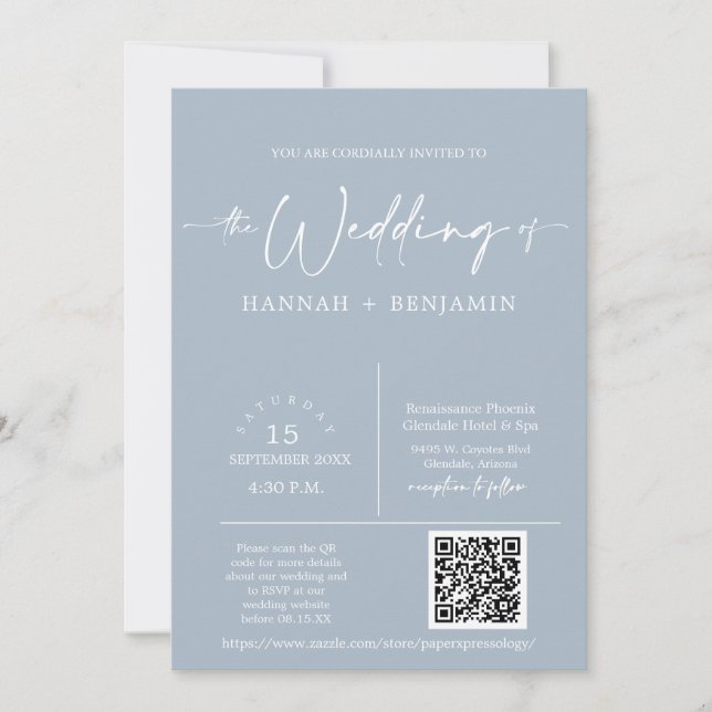 Dusty Blue Minimalist Wedding Arch QR Code Photo Invitation (Front)