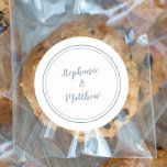 Dusty Blue Minimalist Wedding Bride Groom Favour Classic Round Sticker<br><div class="desc">Simple, minimalist and chic Wedding design features bride & groom's names in a modern design with a double framed border in Dusty Blue on a chic crisp white background. The modern design is simple and chic. Personalise wedding details with your names in trendy blue script. Be sure to see the...</div>