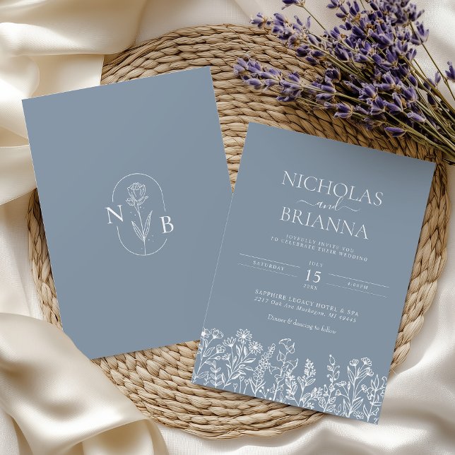 Dusty Blue Minimalist Wildflower Wedding Monogram Invitation (Creator Uploaded)