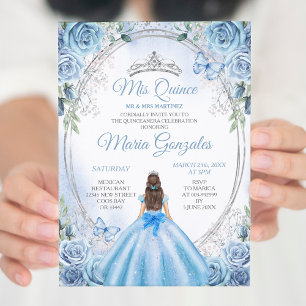 Dusty Blue Mis Quince Silver Floral Quinceañera Invitation