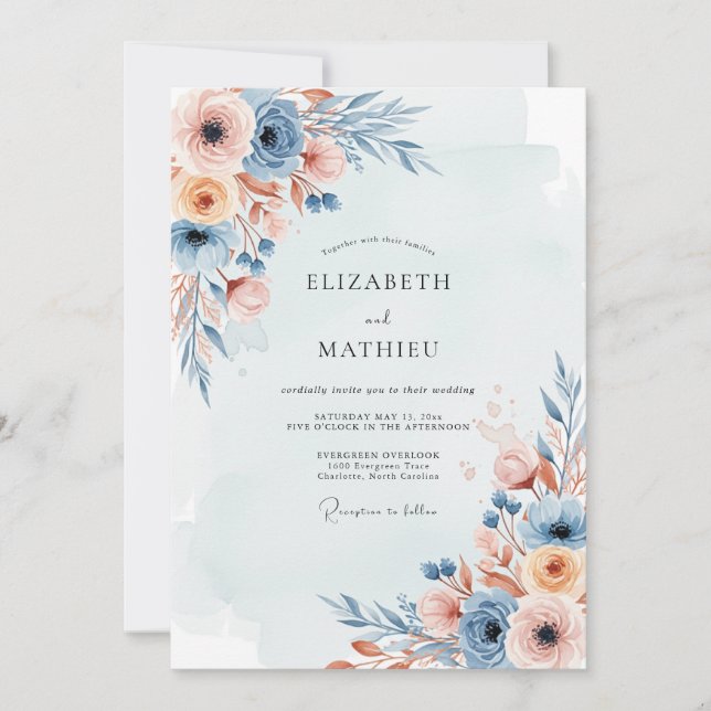 Dusty Blue Misty Botanical Wedding Invitation (Front)