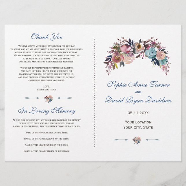 Dusty Blue Misty Rose Floral Wedding Program Flyer (Front)