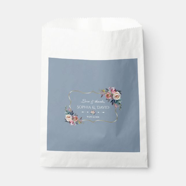 Dusty Blue Misty Rose Flowers Gold Wedding Favour Bags (Front)