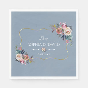 Dusty Blue Misty Rose Flowers Gold Wedding Napkin