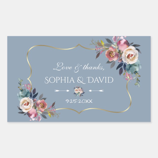 Dusty Blue Misty Rose Flowers Gold Wedding Rectangular Sticker (Front)