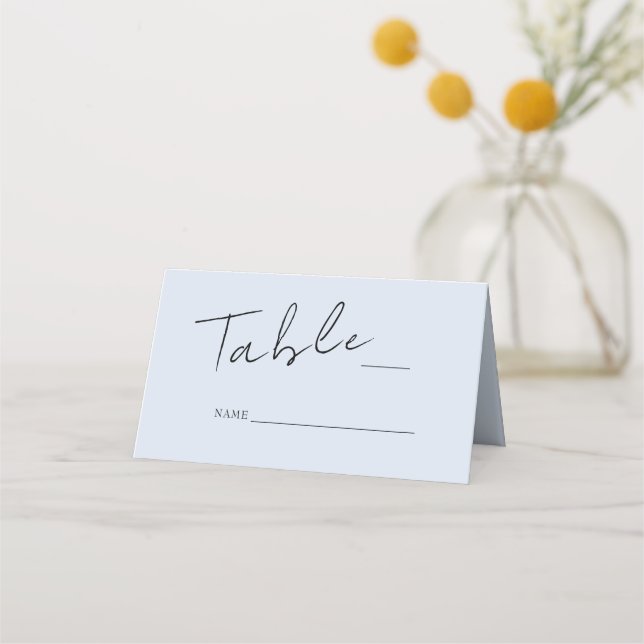 Dusty Blue Mixed Font Wedding Folded Place Card (Front)