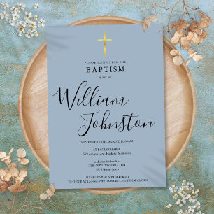 Dusty Blue Modern Baptism Christening Gold Cross Invitation