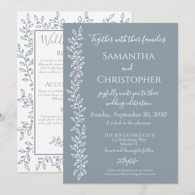 Dusty Blue Modern Boho Botanical Minimal Wedding Invitation (Front/Back)