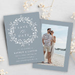 Dusty Blue Modern Boho Wildflower Wedding Photo Save The Date<br><div class="desc">This elegant wedding save the date card features wildflowers silhouette wreath with your photo on the back.  For more advanced customisation of this design,  please click the BLUE DESIGN TOOL BUTTON above!</div>