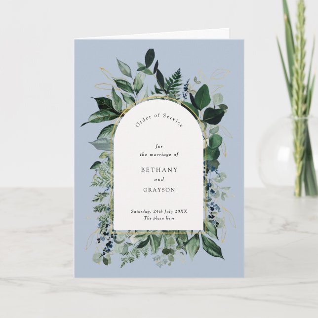 Dusty Blue Modern Botanic greenery wedding bifold Programme (Front)