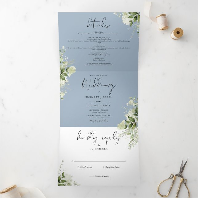 Dusty Blue Modern Botanical Greenery Photo Wedding Tri-Fold Invitation (Inside)