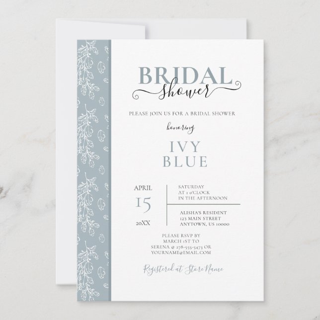 Dusty Blue, Modern Bridal Shower  Invitation (Front)