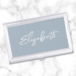 Dusty Blue Modern Brush Script First Name Business Card Holder<br><div class="desc">A first name business card case holder for her. The script is a lovely, brush stroke modern handwritten script that is a perfect gift for her. The decorative brush stroke style may require you to re-centre your given name. You may also customise the white font colour and calligraphy style. The...</div>