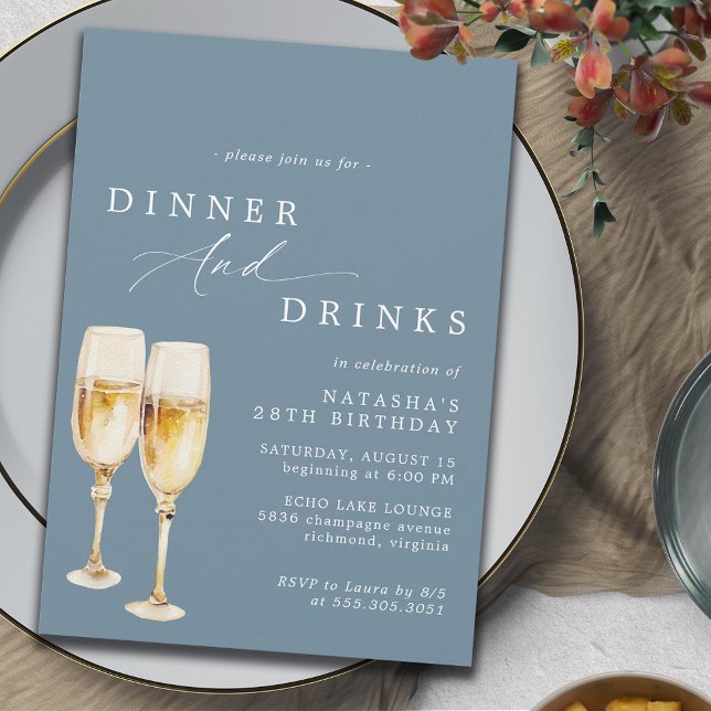 Dusty Blue | Modern Champagne Birthday Dinner Invitation (Creator Uploaded)