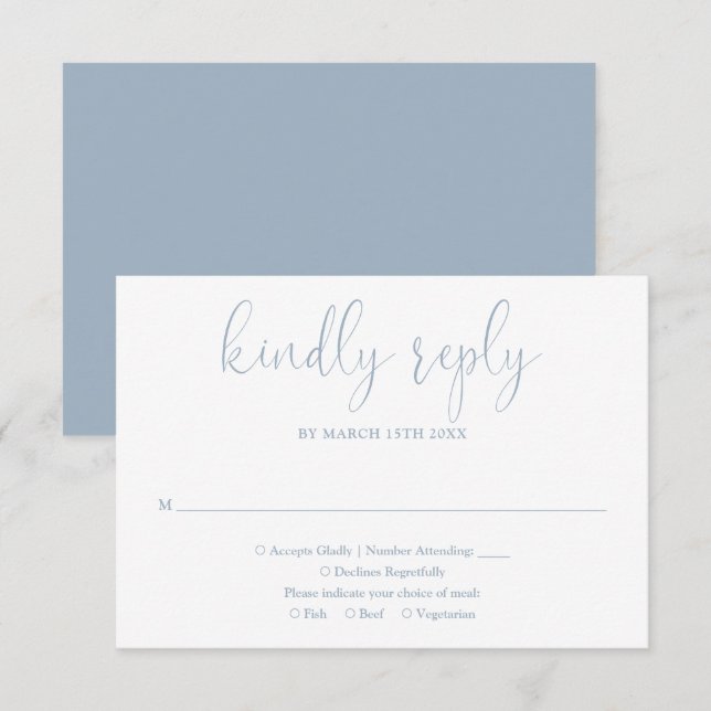 Dusty Blue Modern Chic Elegant Script Wedding RSVP Card (Front/Back)