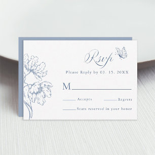 Dusty Blue Modern Classic Floral Wedding  RSVP Card