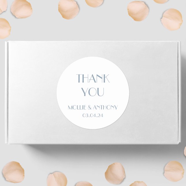 Dusty Blue Modern Deco Wedding Thank You  Classic Round Sticker (Creator Uploaded)