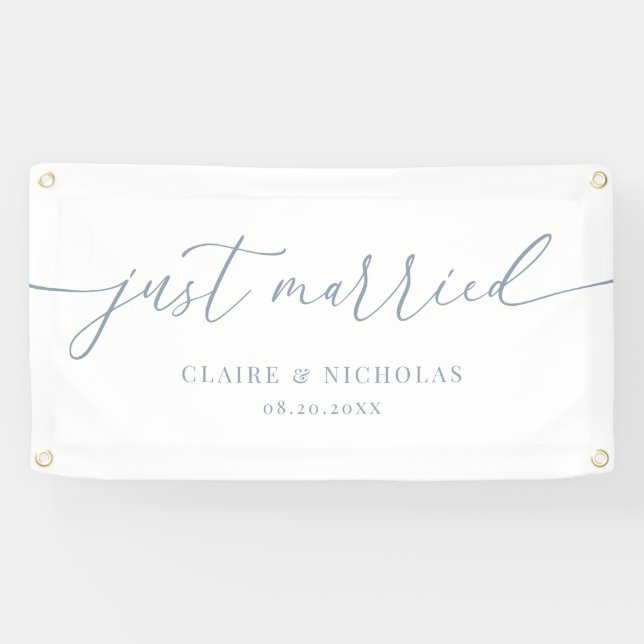 Dusty Blue Modern Elegant Just Married Wedding Car Banner (Horizontal)