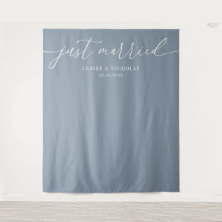 Dusty Blue Modern Elegant Just Married Wedding Tapestry