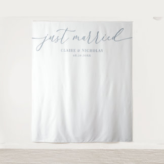 Dusty Blue Modern Elegant Just Married Wedding Tapestry