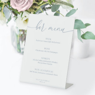 Dusty Blue Modern Elegant Wedding Bar Menu Pedestal Sign