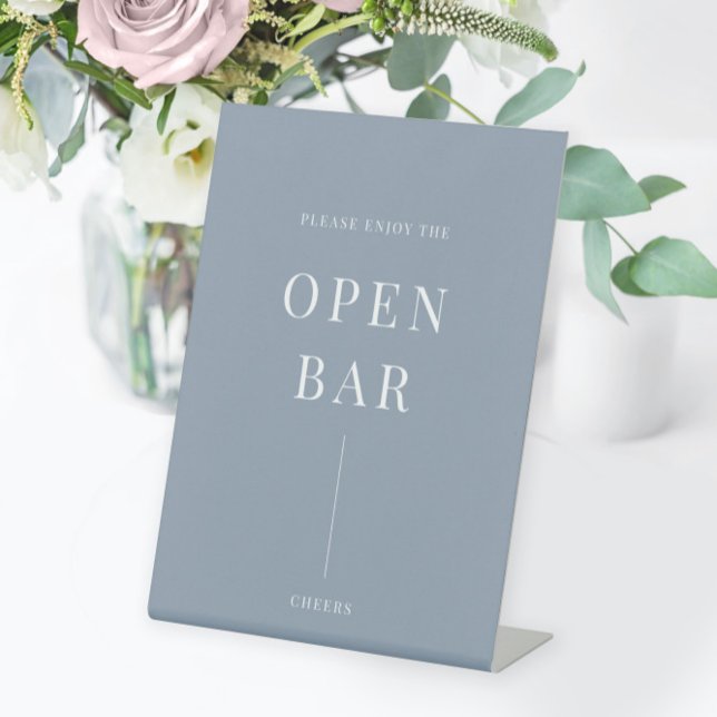 Dusty Blue Modern Elegant Wedding Open Bar Pedestal Sign (Creator Uploaded)