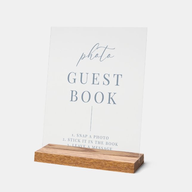 Dusty Blue Modern Elegant Wedding Photo Guestbook Acrylic Sign (Angle)