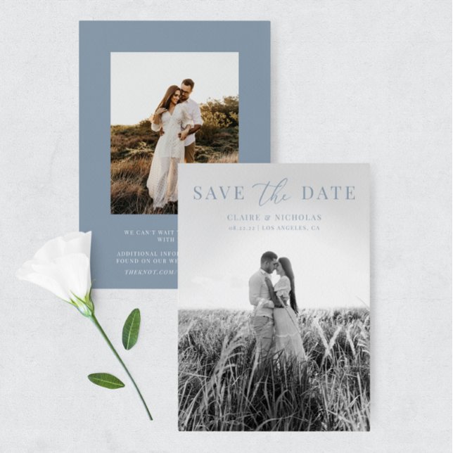 Dusty Blue Modern Elegant Wedding Photo Save The Date (Creator Uploaded)