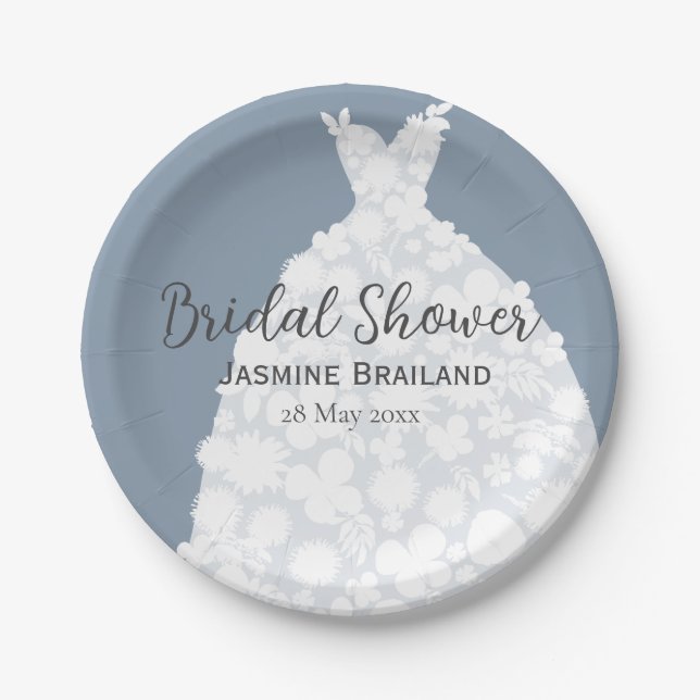 Dusty Blue Modern Floral Gown Bridal Shower Paper Plate (Front)