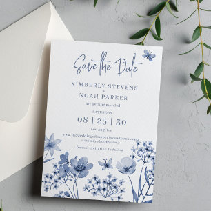 Dusty blue modern floral simple wedding save the date