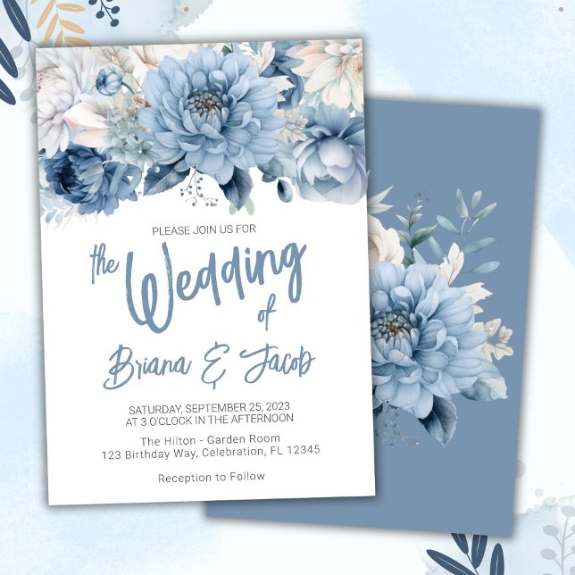 Dusty Blue Modern Floral Wedding Invitation (Creator Uploaded)