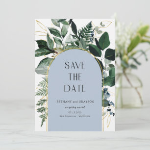 Dusty Blue, Modern Greenery botanic leaves QR code Save The Date