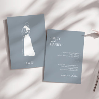 Dusty blue modern Hand Drawn Couple Wedding Invitation