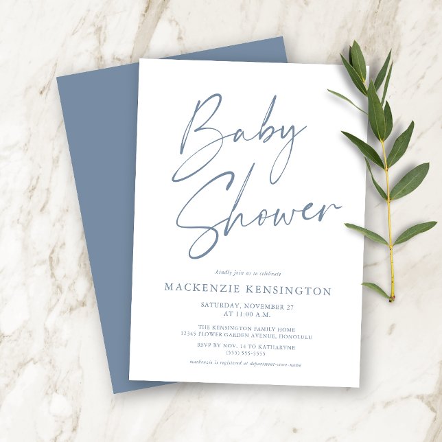 Dusty Blue Modern Handwritten Script Baby Shower Invitation (Creator Uploaded)