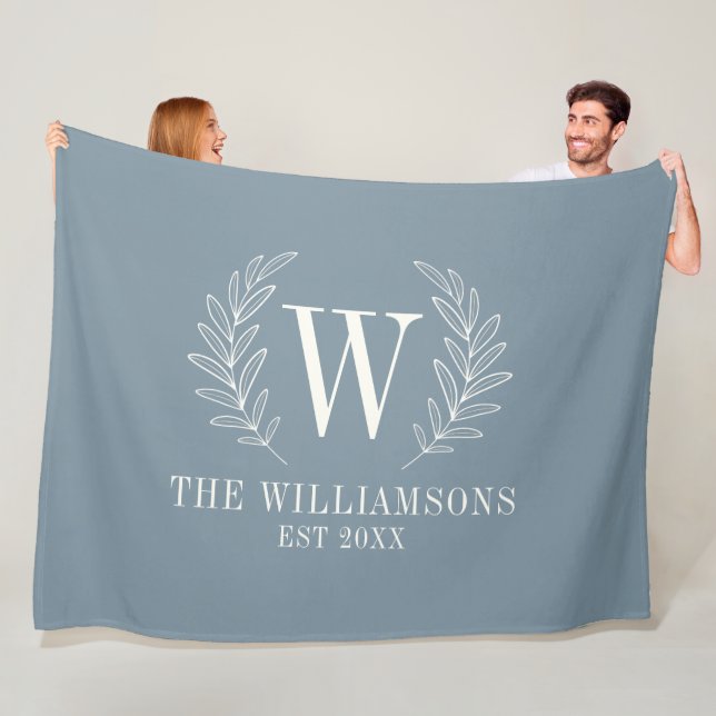 Dusty Blue Modern Laurel Leaf Monogram Fleece Blanket (In Situ)
