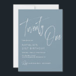 Dusty Blue | Modern Minimal Script 21st Birthday Invitation<br><div class="desc">Simple 21st birthday party invitations with brush script accents. Soft blue-grey colour with white font.</div>