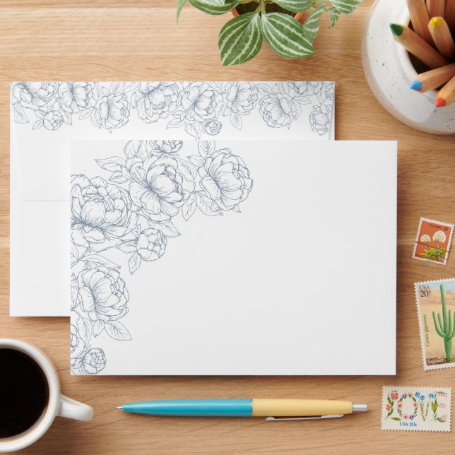 Dusty Blue Modern Minimalist Boho Floral Wedding Envelope (Desk)