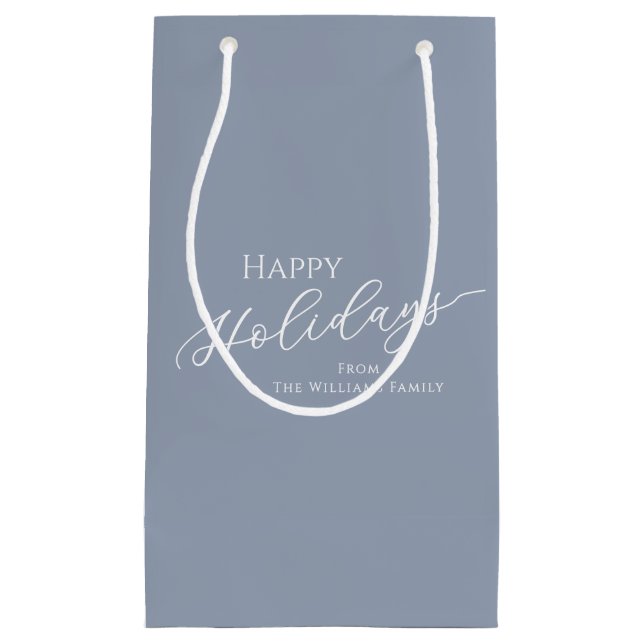 Dusty Blue Modern Minimalist Happy Holidays Small Gift Bag (Front)