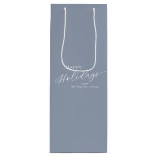 Dusty Blue Modern Minimalist Happy Holidays Wine Gift Bag