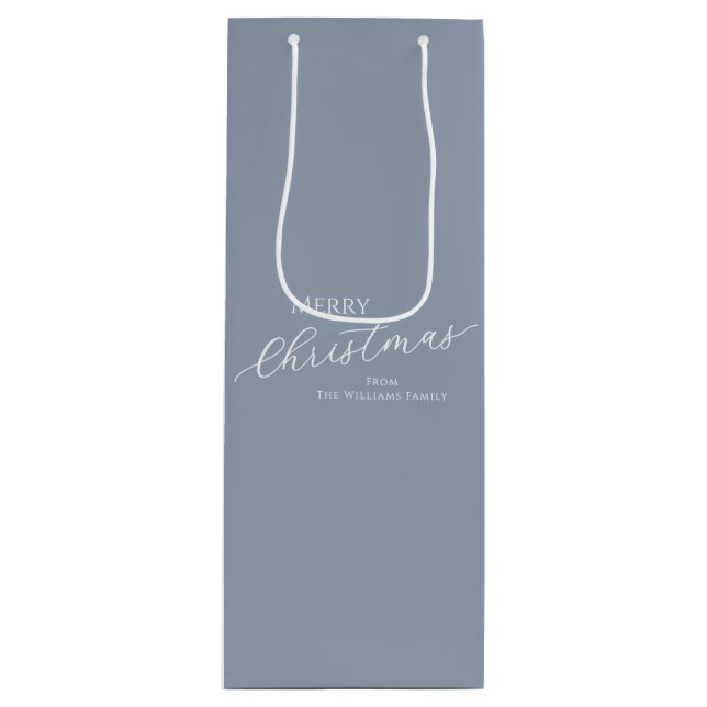 Dusty Blue Modern Minimalist Merry Christmas Wine Gift Bag (Front)
