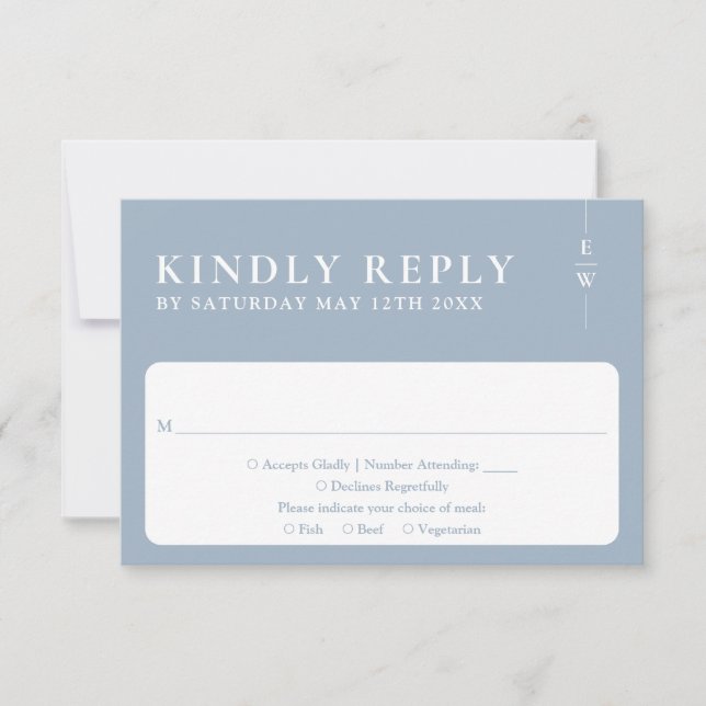 Dusty Blue Modern Minimalist Monogram Wedding RSVP Card (Front)