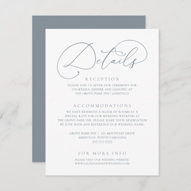 Dusty Blue Modern Minimalist Wedding Details Enclosure Card (Front/Back)